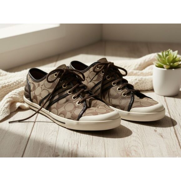 Coach Trainers Folly Sneakers Brown Signature Canvas Leather Trim Size 10 - Picture 1 of 11